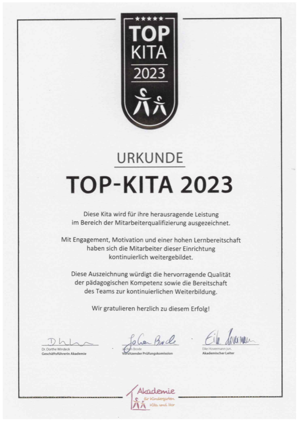 Auszeichnung als TOP-KITA 2023 für die Kita Kuddelmuddel SOlingen